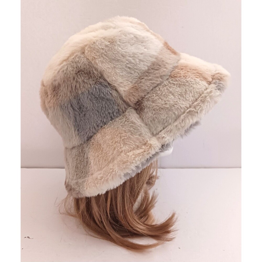 NEW Faux Fur Bucket Hat Light Gray Tan Cream Patchwork O/S - Picture 8 of 9